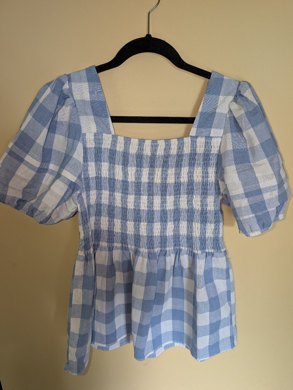 Grace + Karma Blue and White Gingham Puff-Sleeve Smocked Peplum Top - Picture 6 of 6
